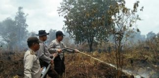 Tim Satgas Karlahut Polsek Tanah Putih Lakukan Pendinginan Lahan Terbakar di Rantau Bais