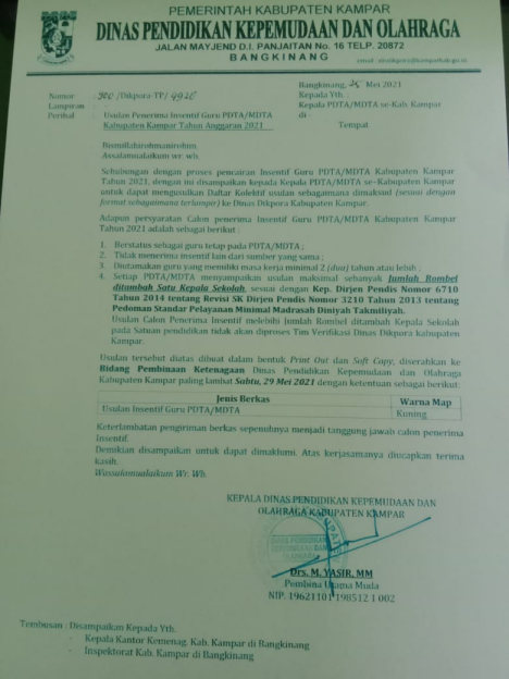 Kemenag Kampar : Daftar Penerima Insentif Guru MDTA Sudah Di Dinas Dikpora Kampar