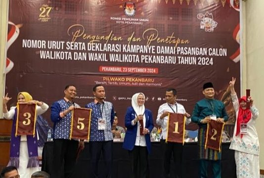 KPU Pekanbaru Gelar Pengundian Nomor Urut Lima Paslon Walikota- Wakil Walikota Pekanbaru Pada Pilkada 2024