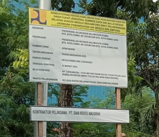 Preservasi Jalan Ruas Dumai-Duri Rp 3,6 Miliar Dipertanyakan. Pada Plank Proyek Tertulis Dirjen SDA BWS Mesuji Sekampung Bandar Lampung